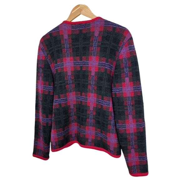 Vintage 90s Grandmacore Boiled Wool Sweater Cardigan Sz Large Red Green Holidays - Picture 4 of 12